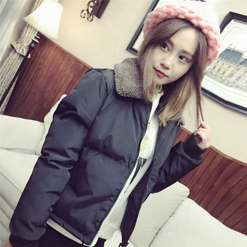 Women Outerwear Autumn Winter Coat Korean Style Lambs Collar Down Cotton-Padded Jackets Short Casual Female Warm Parkas