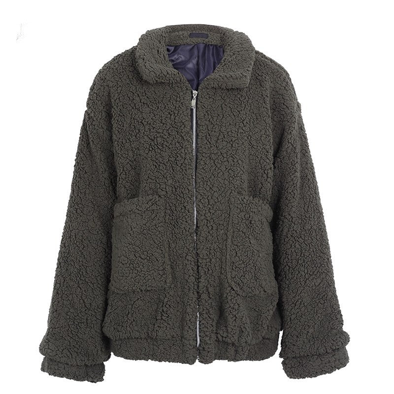 Faux lambswool oversized jacket coat Winter black warm hairly jacket Women autumn outerwear