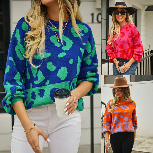 Women's Fashion Leisure Pullover Leopard Splicing Fashion Round Neck Sweater