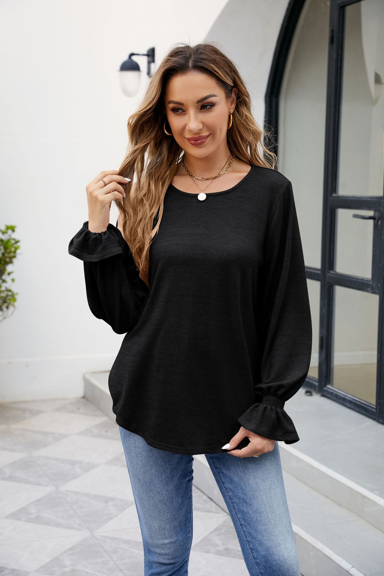 Autumn And Winter New Solid Color Round Neck Loose Long-sleeved T-shirt