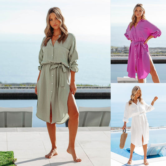 Women's Solid Color Long-sleeved Shirt Dress
