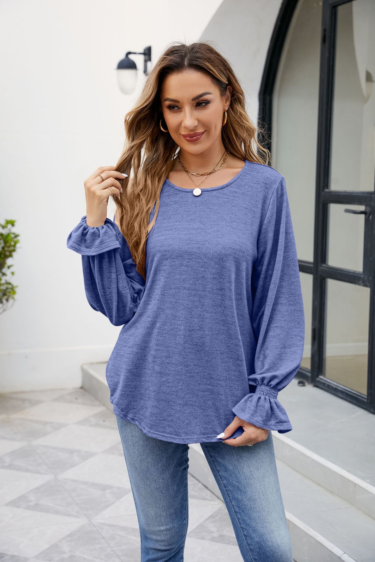 Autumn And Winter New Solid Color Round Neck Loose Long-sleeved T-shirt